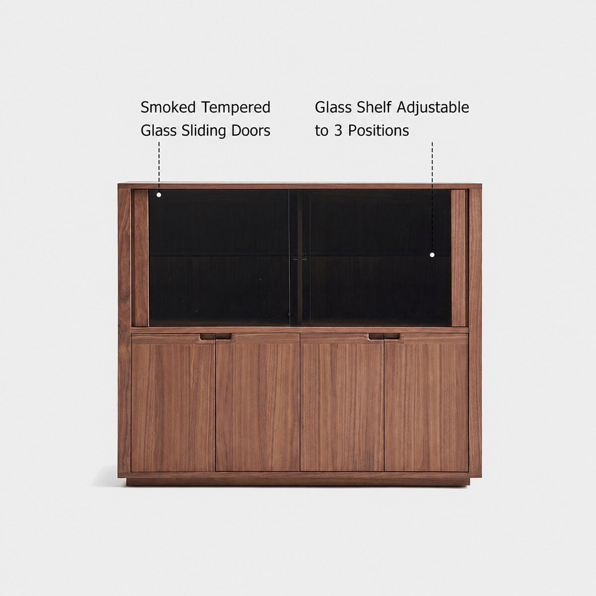 Feda Walnut Glass Door Cabinet front view with smoked tempered glass sliding doors