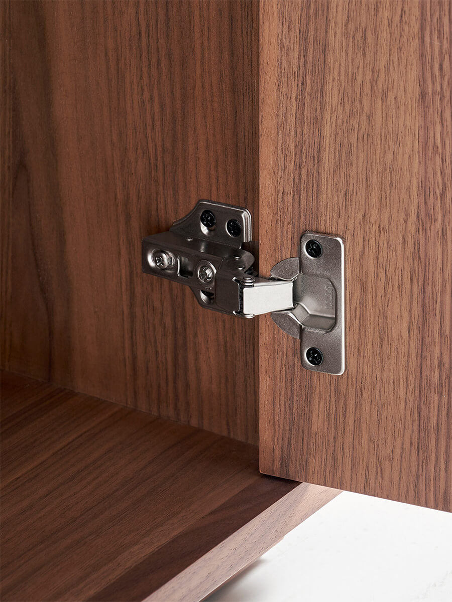 Feda Walnut Glass Door Cabinet concealed hinge detail
