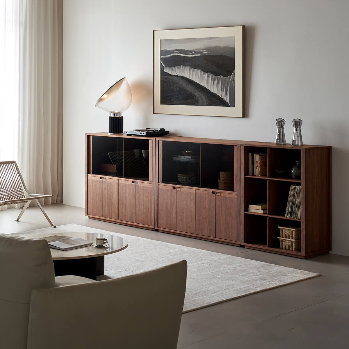 Feda Walnut Glass Door Cabinet with matching Feda storage furniture in living room