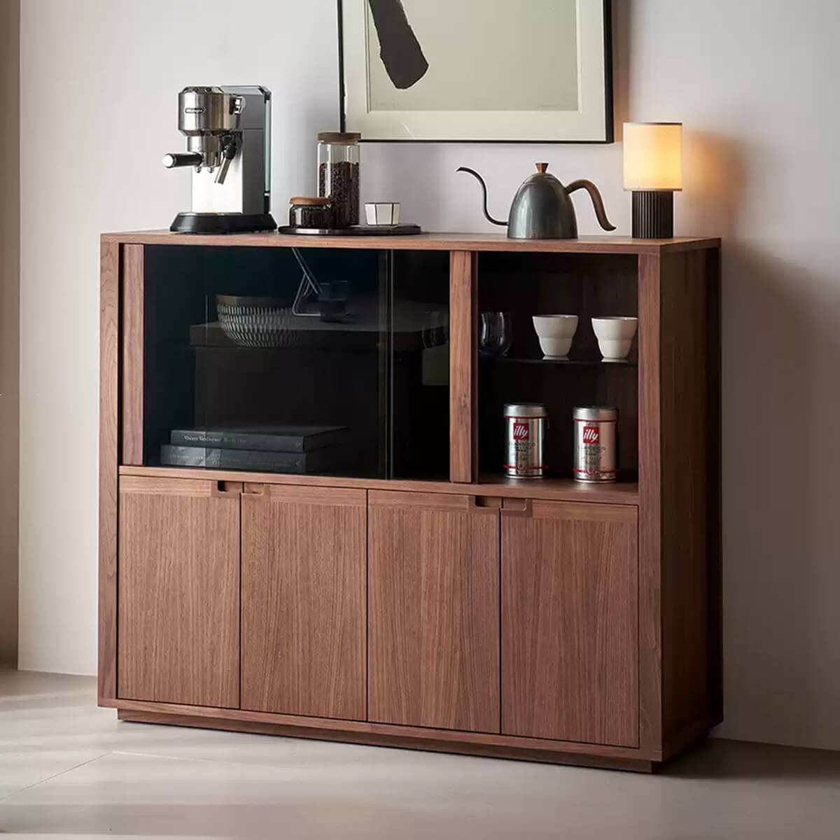 Feda Walnut Glass Door Cabinet with smoked glass sliding doors and storage compartments