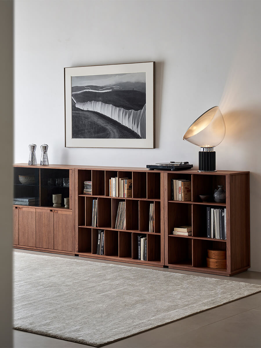 Feda Walnut Glass Door Cabinet with matching open bookcase storage