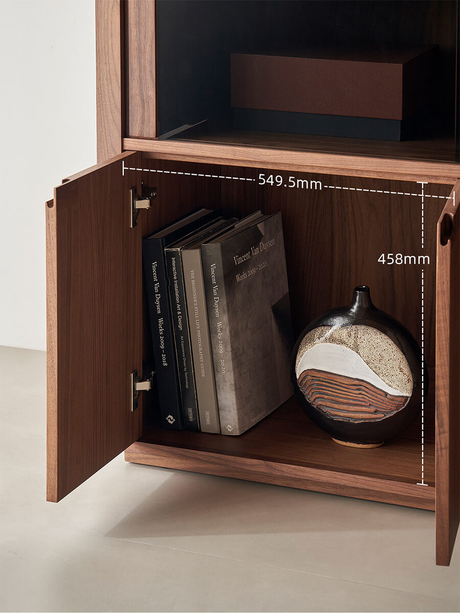 Feda Walnut Glass Door Cabinet with lower storage door open