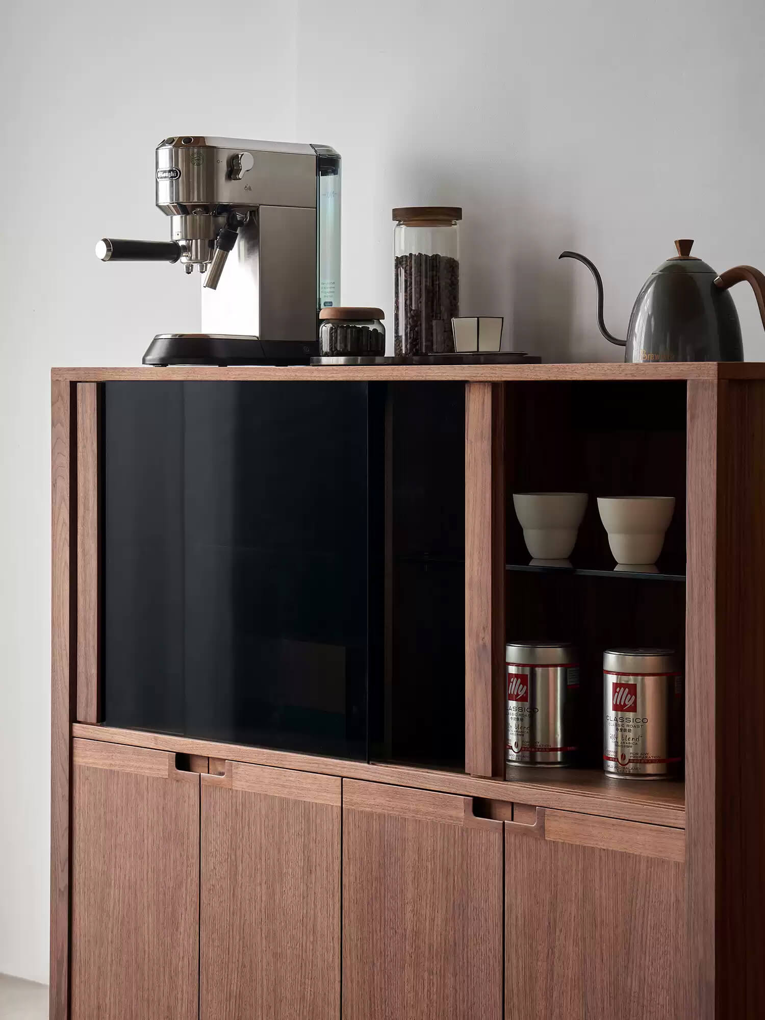 Feda Walnut Glass Door Cabinet with adjustable glass shelf and open side storage