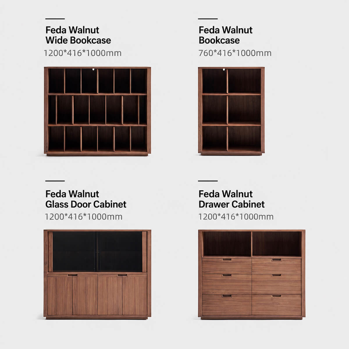 Feda Walnut storage collection with bookcases, glass door cabinet and drawer cabinet