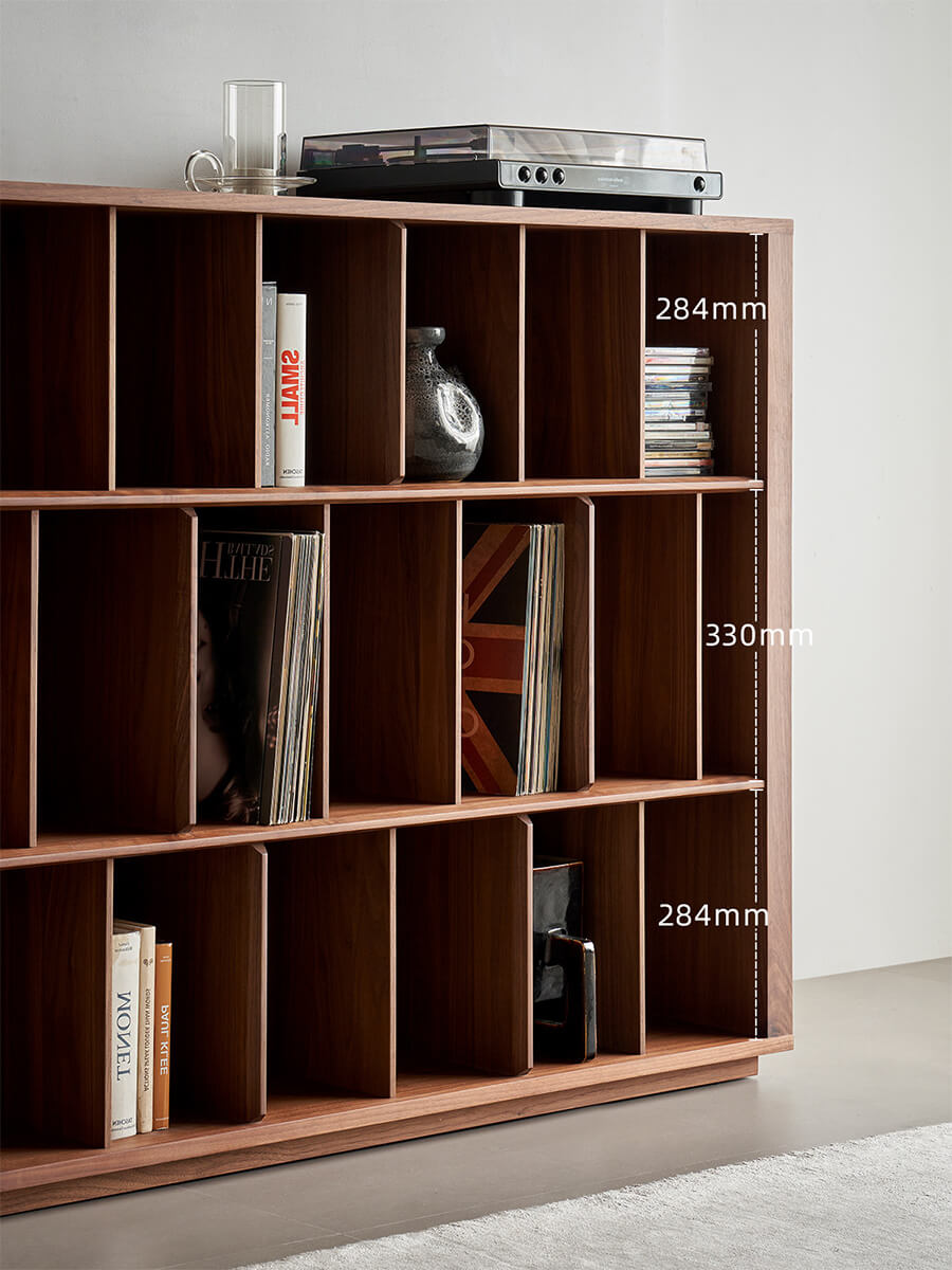 Feda Walnut Wide Bookcase storage compartment dimensions