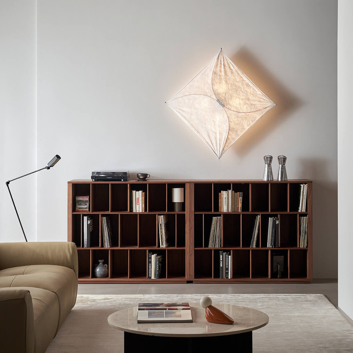 Feda Walnut Wide Bookcase in living room setting