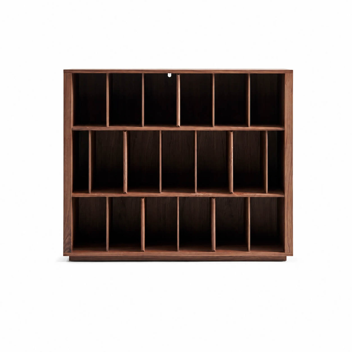 Feda Walnut Wide Bookcase front view with open storage compartments