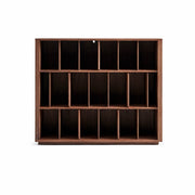 Feda Walnut Wide Bookcase front view with open storage compartments