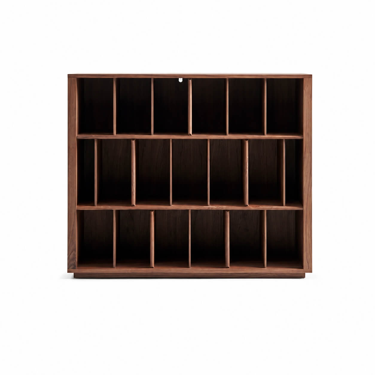 Feda Walnut Wide Bookcase front view with open storage compartments