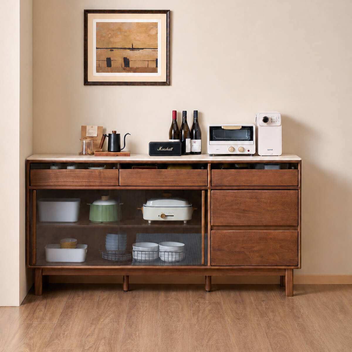 Fenna Walnut Sideboard with stone top and glass doors in dining room