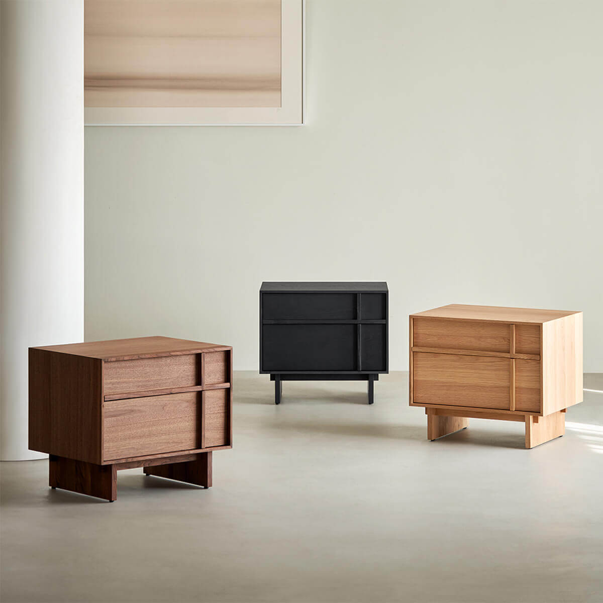 field bedside table available in walnut, oak and black finishes
