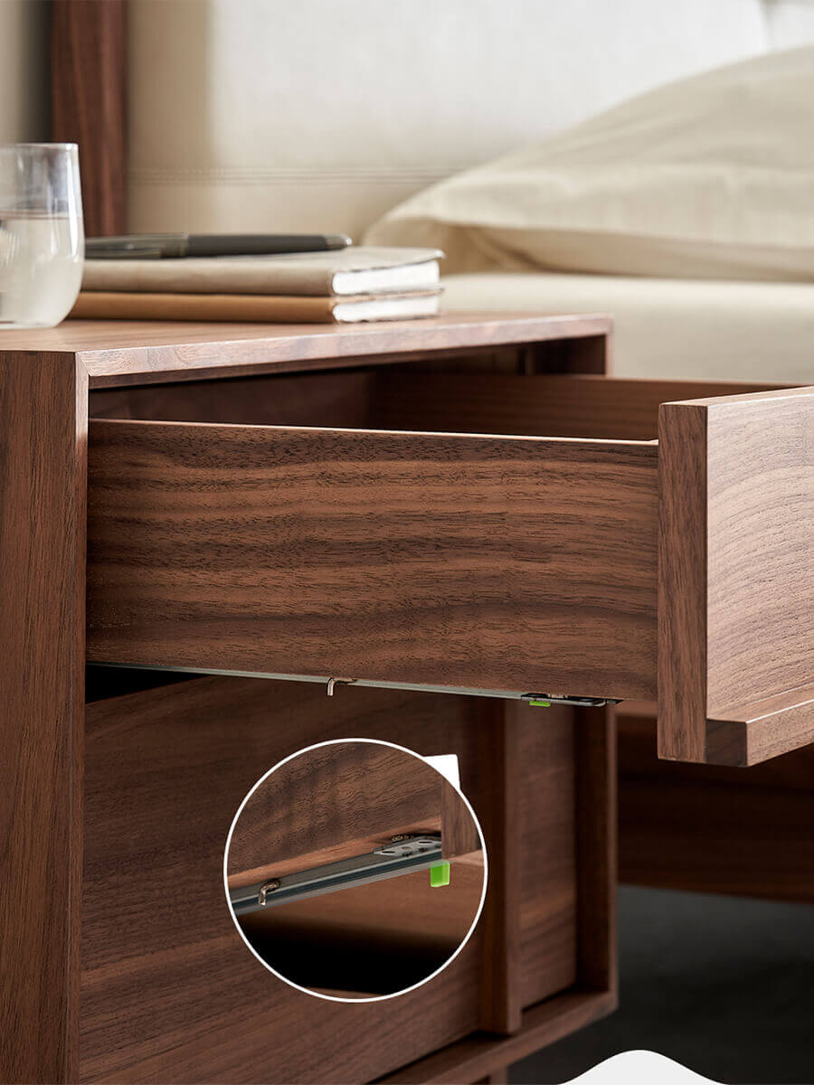 Close-up of the drawer runner on the field bedside table