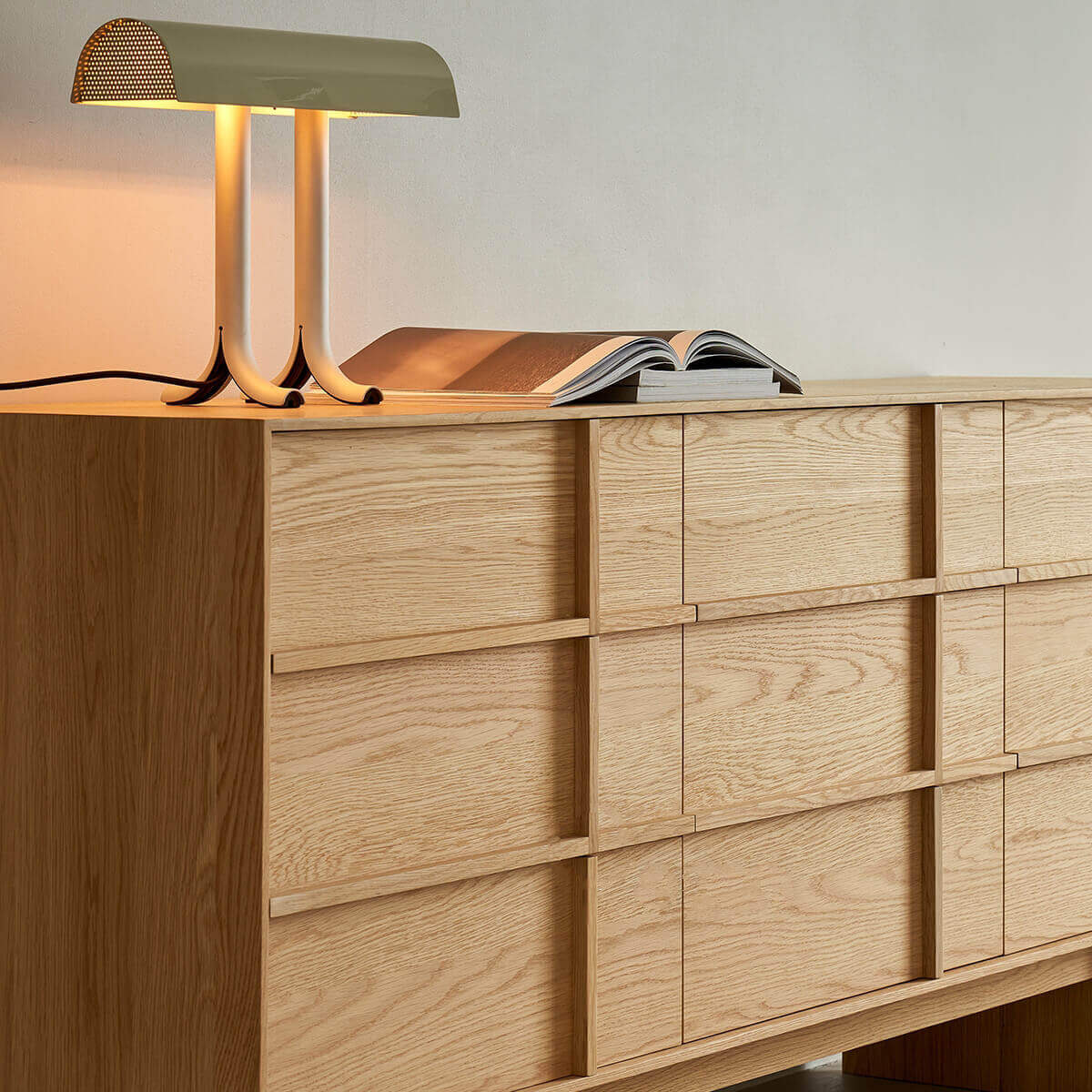 Close-up of the Field Chest of 9 Drawers in natural oak finish