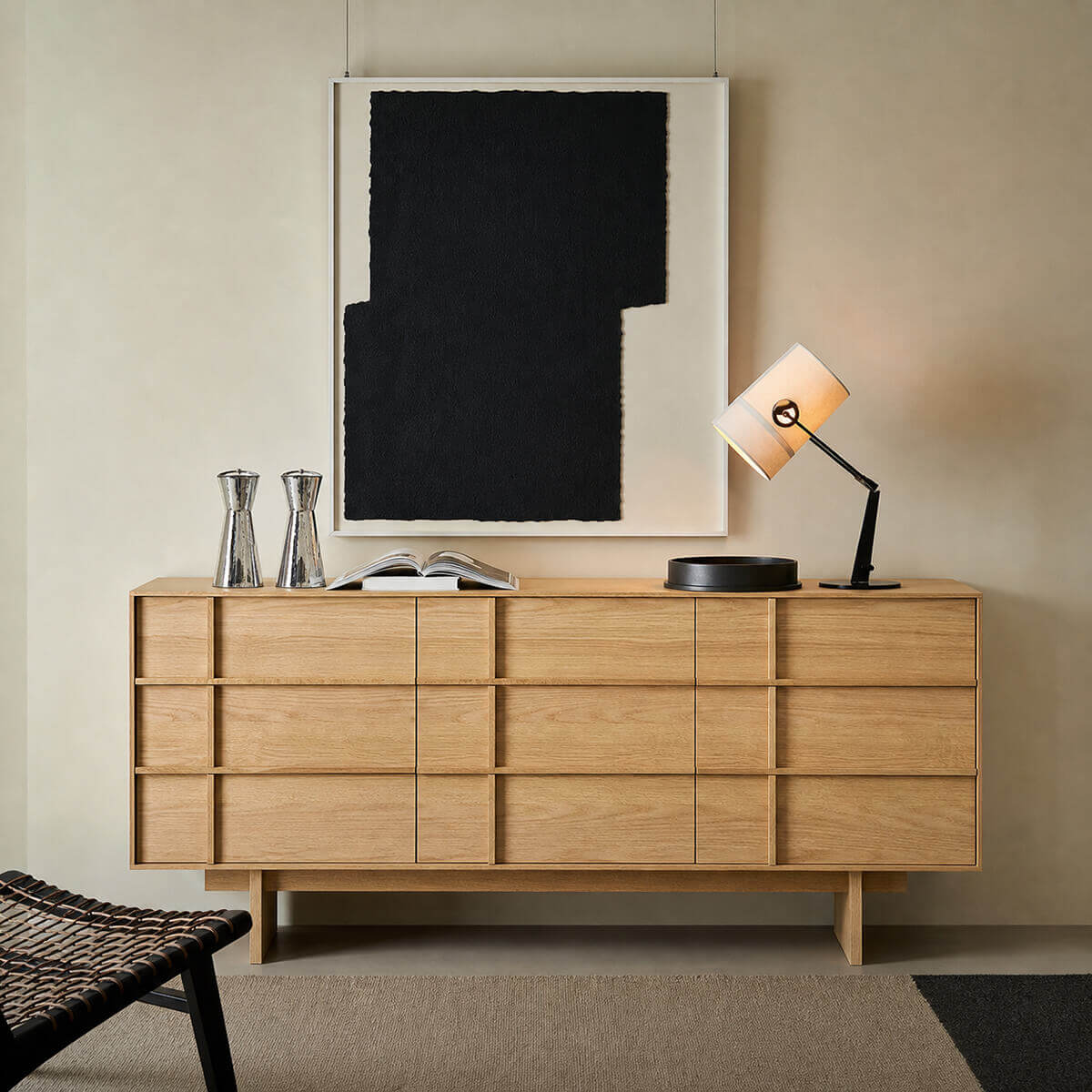 Field Chest of 9 Drawers in natural oak finish styled in a contemporary living room