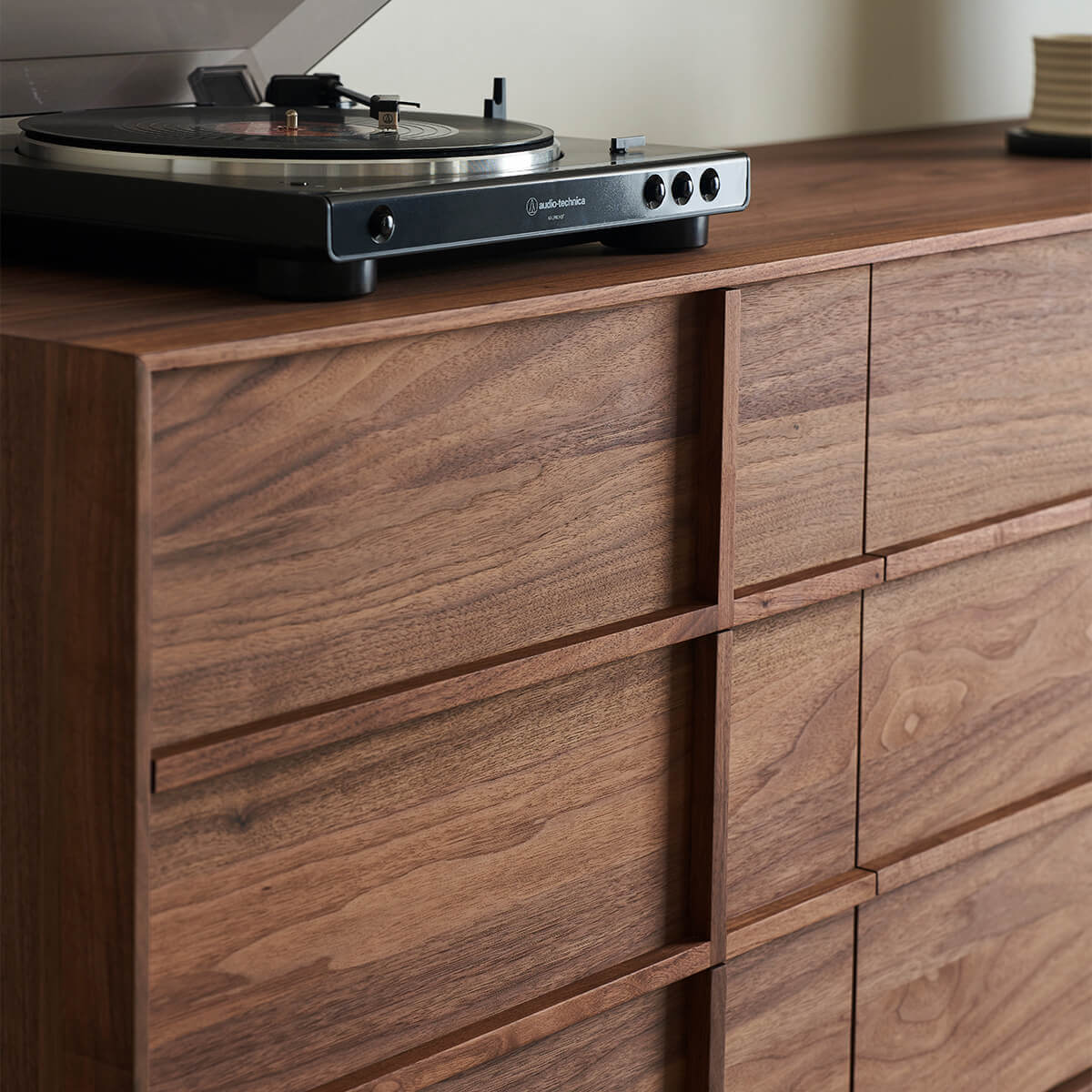 Close-up of the Field Chest of 9 Drawers showing architectural timber detailing