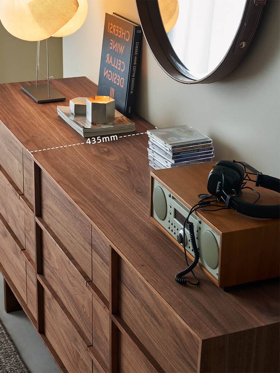 Close-up of the Field Chest of 9 Drawers top surface and timber grain