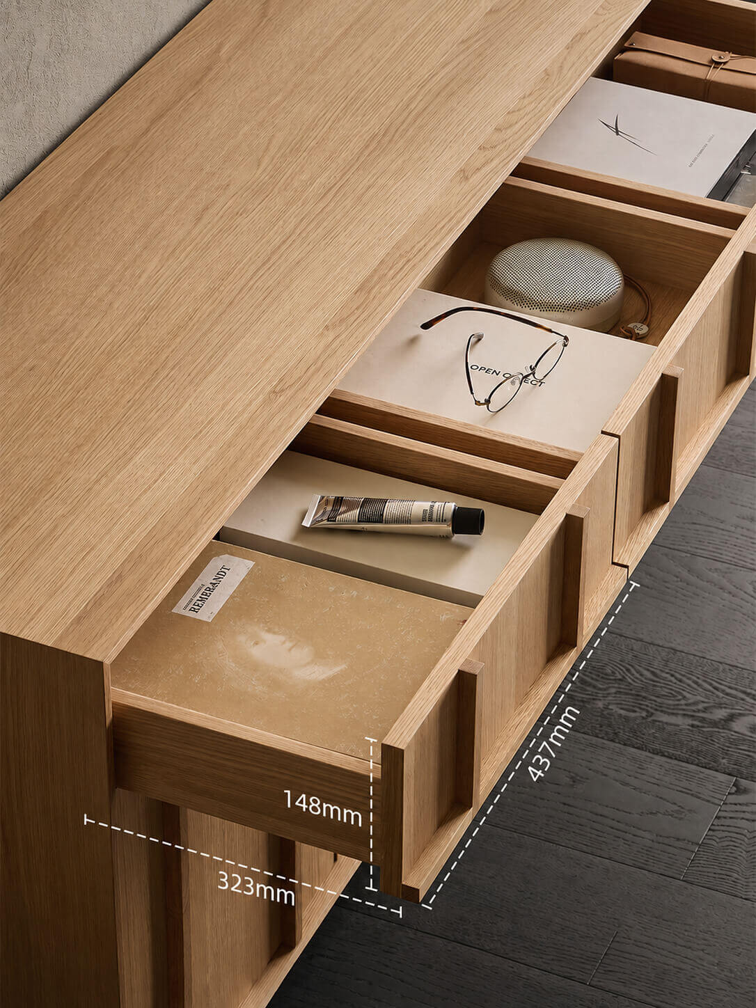 Drawer storage detail of the Field Modular Storage Cabinet