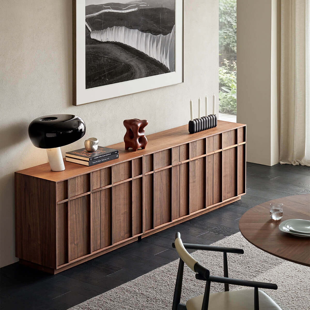 Field Modular Storage Cabinet in walnut finish for modern dining room storage