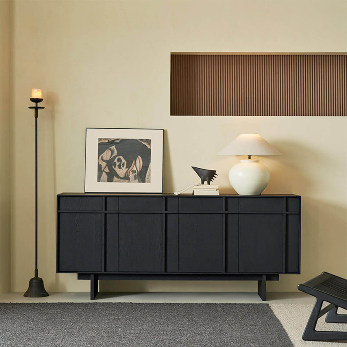 Field Sideboard black finish styled in a contemporary living room