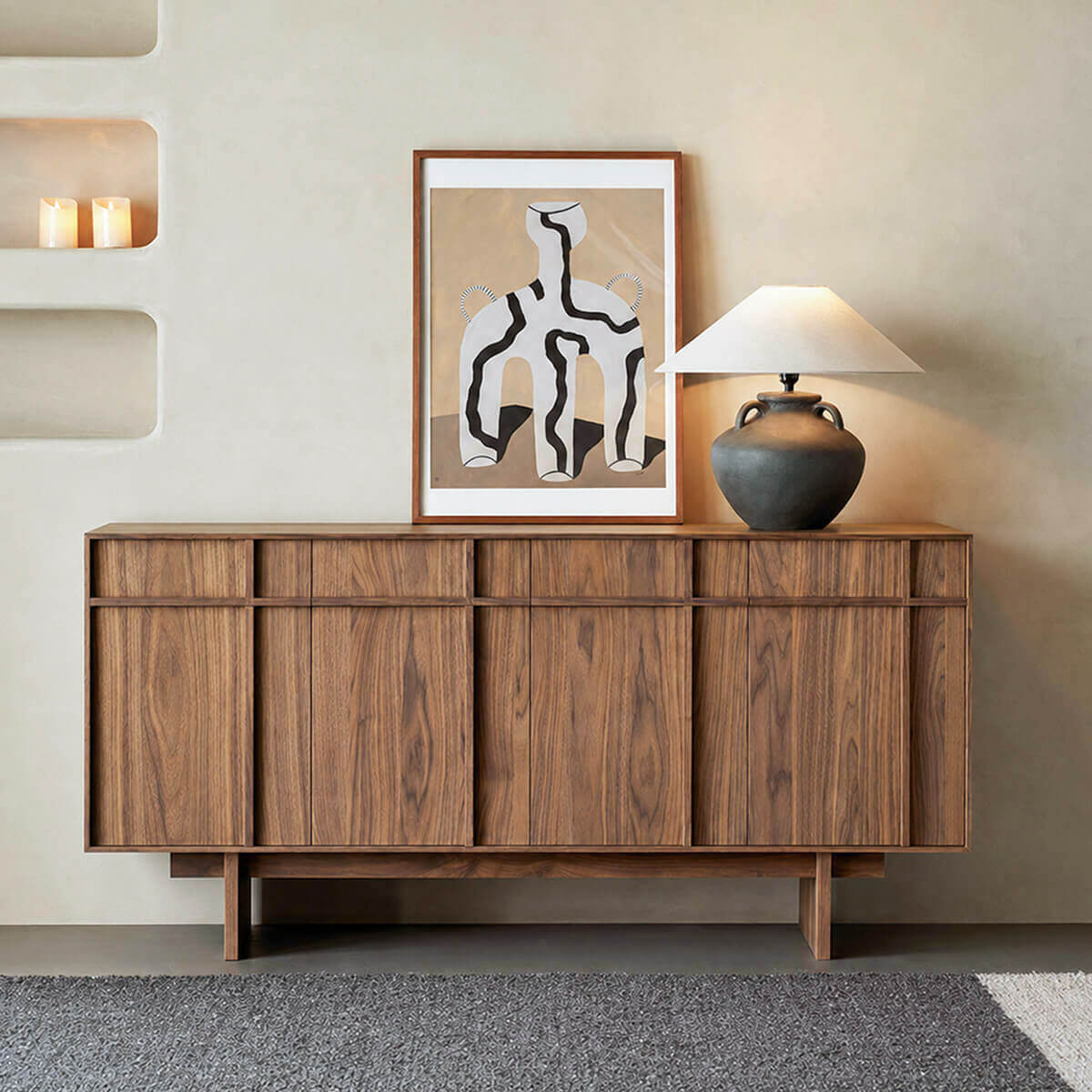 Field Sideboard in walnut finish styled in a contemporary living room