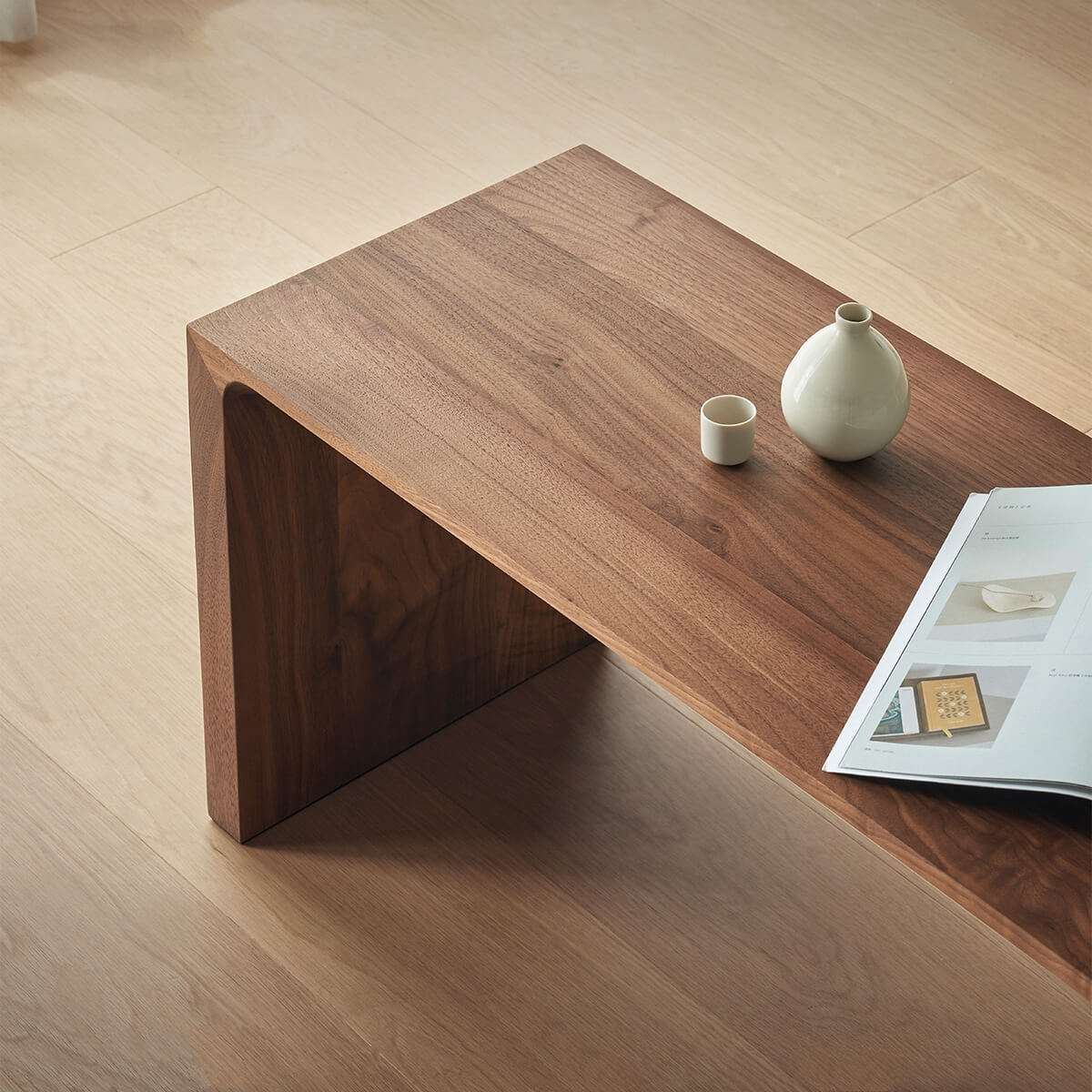 Close-up of the Flemington solid walnut bench surface and craftsmanship
