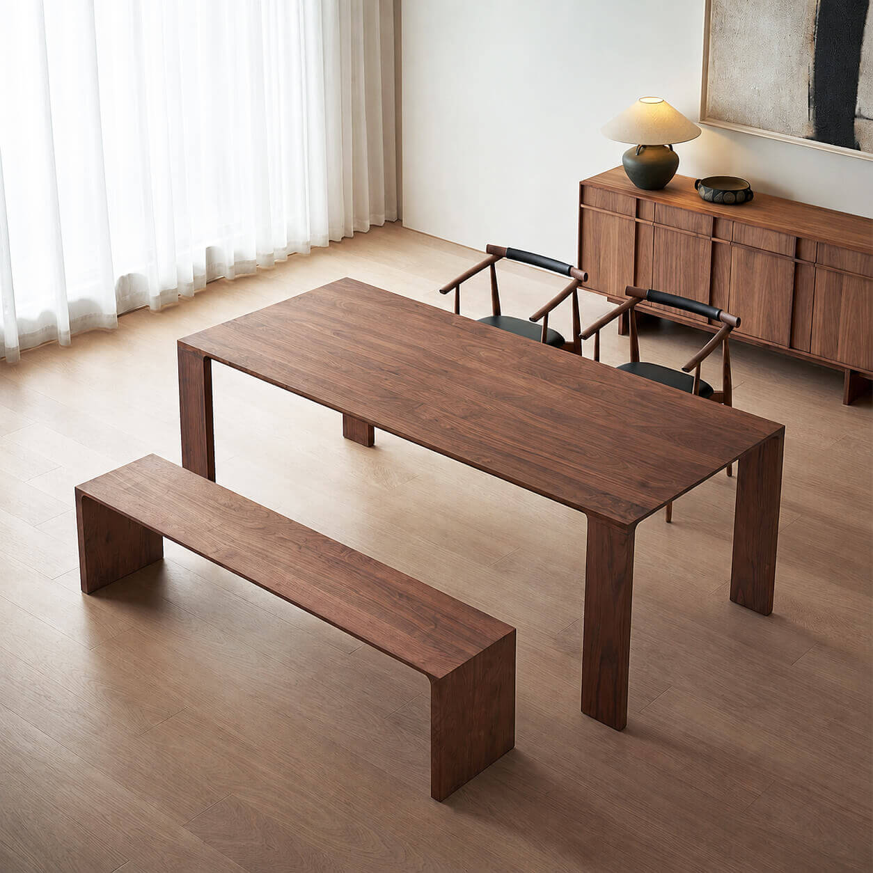 Flemington solid walnut bench paired with a walnut dining table