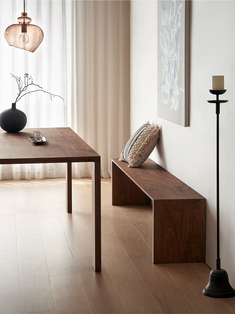 Flemington solid walnut bench in a modern dining setting