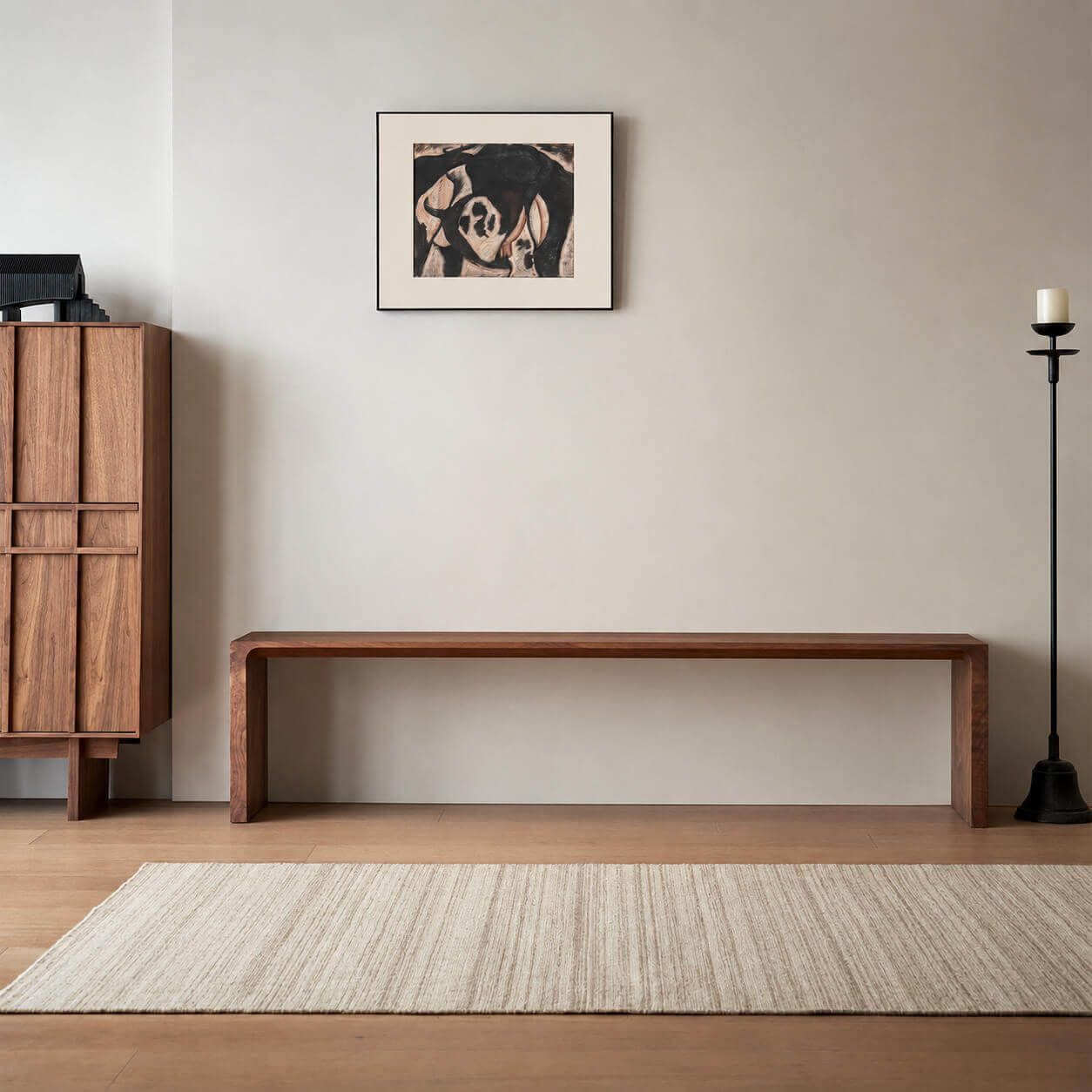 Flemington solid walnut bench in a minimalist living room