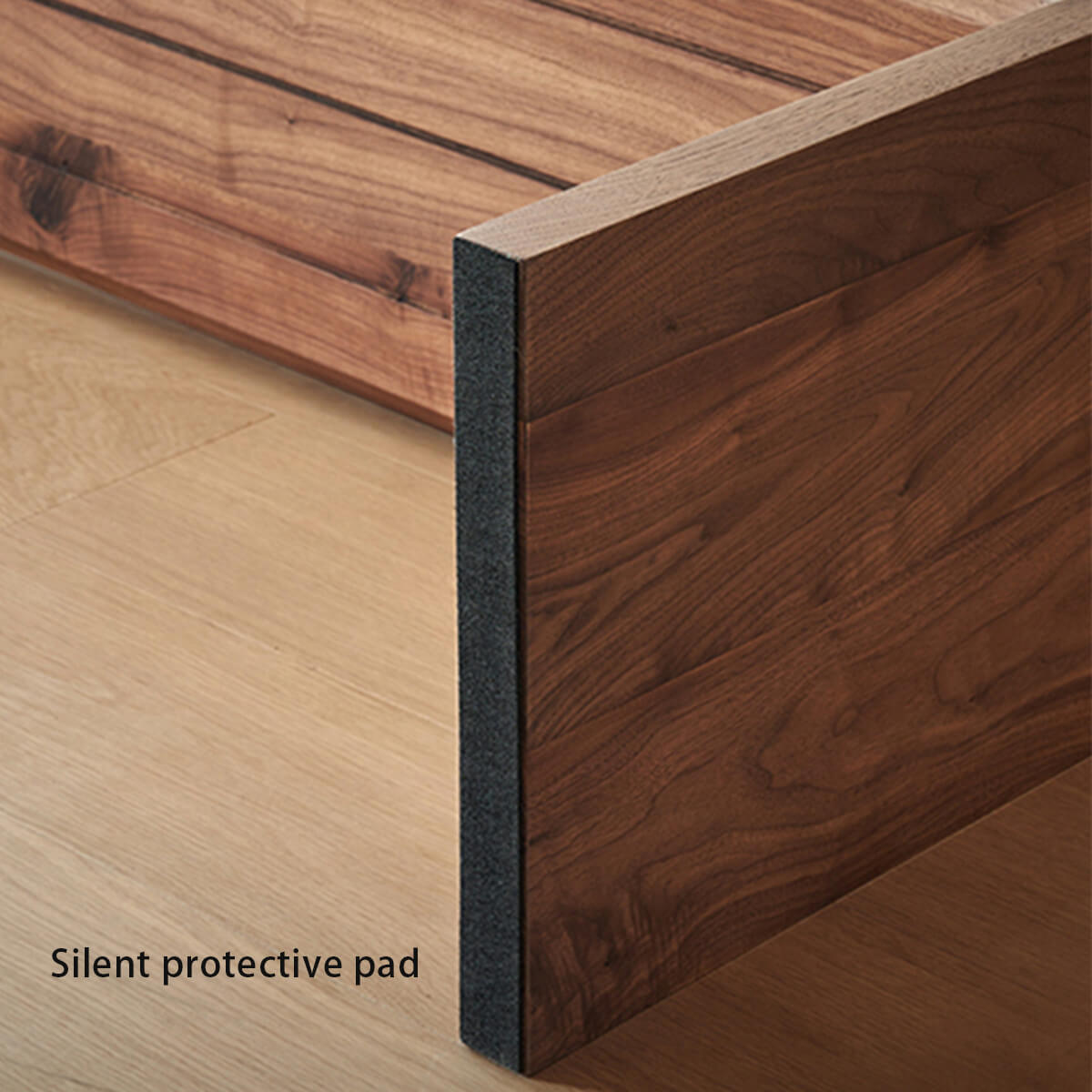 Protective floor pads fitted to the Flemington solid walnut bench