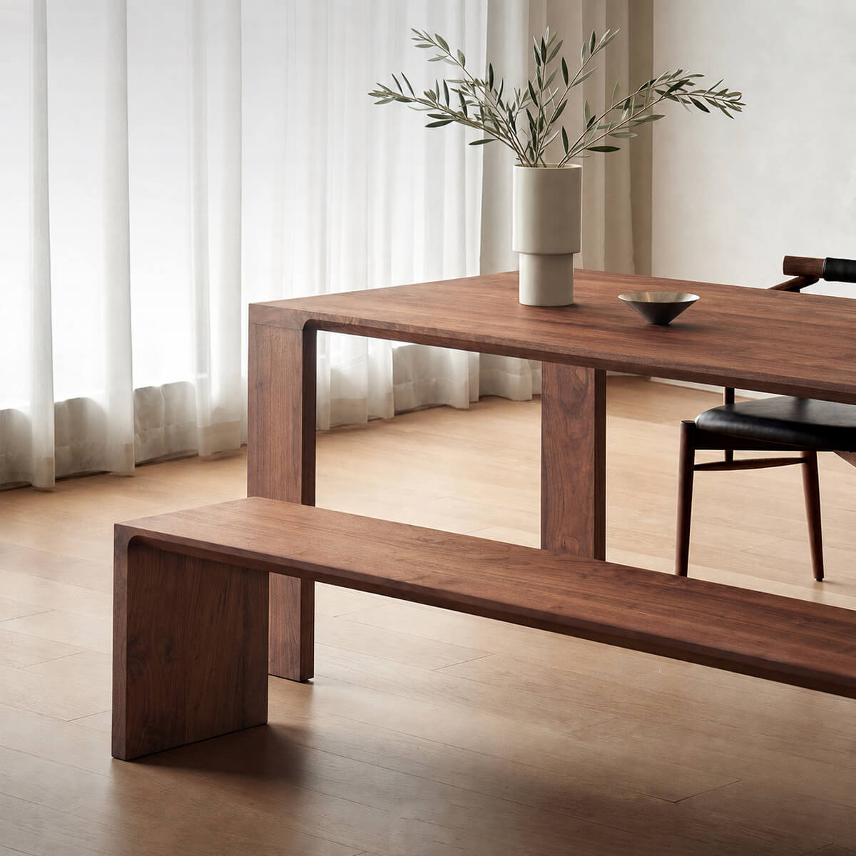 Flemington solid walnut dining table paired with matching bench