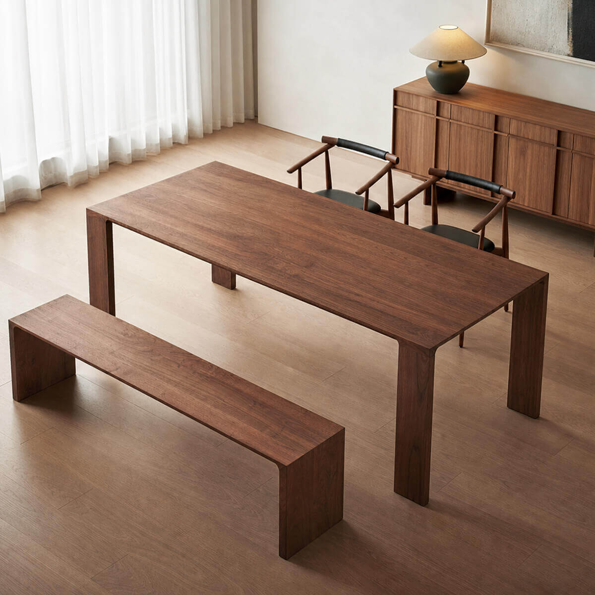 Flemington solid walnut dining table with matching bench