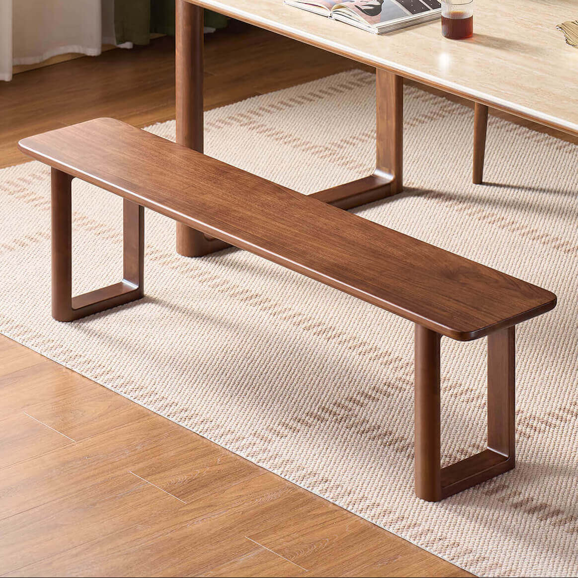 Forma Solid Walnut Dining Bench paired with the Forma Solid Walnut Dining Table