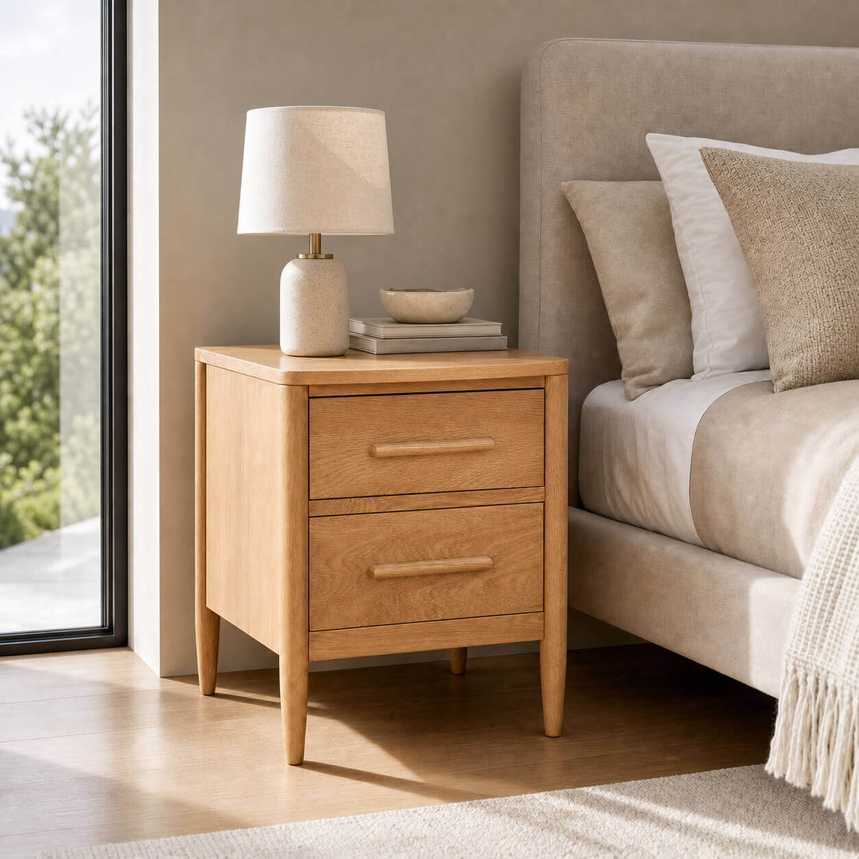Fuji Solid Oak Bedside Table beside upholstered bed in modern bedroom