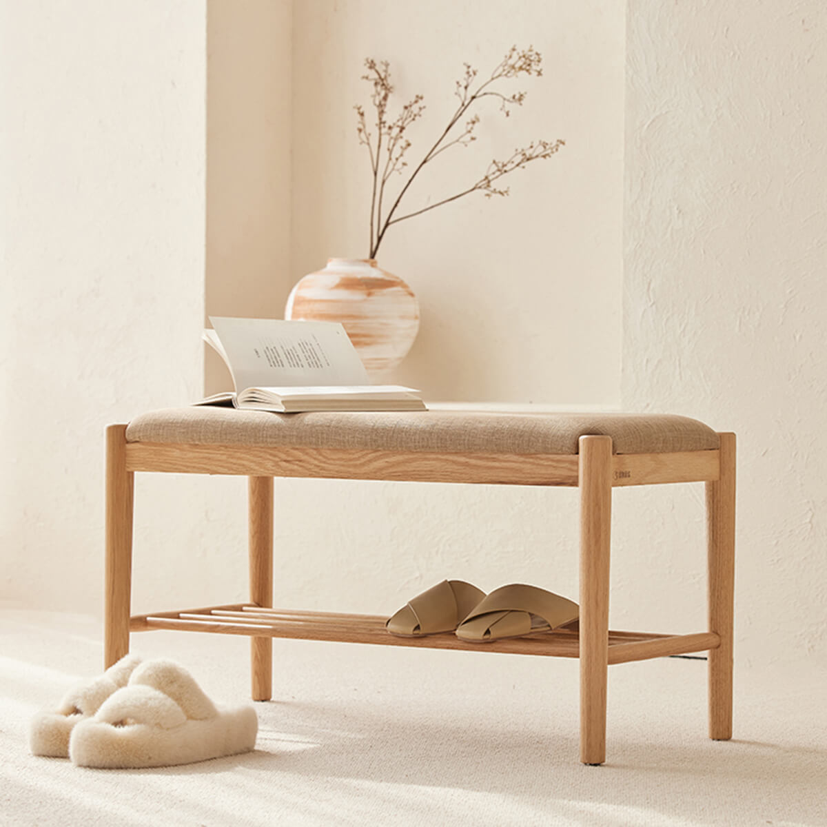 Fuji Solid Oak Hallway Bench in a bright modern entryway with upholstered seat and lower shoe shelf