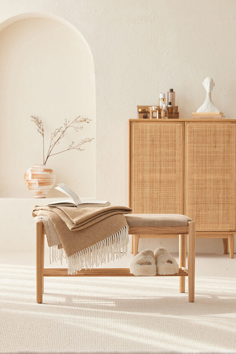 Natural Fuji Solid Oak Hallway Bench styled in a contemporary hallway