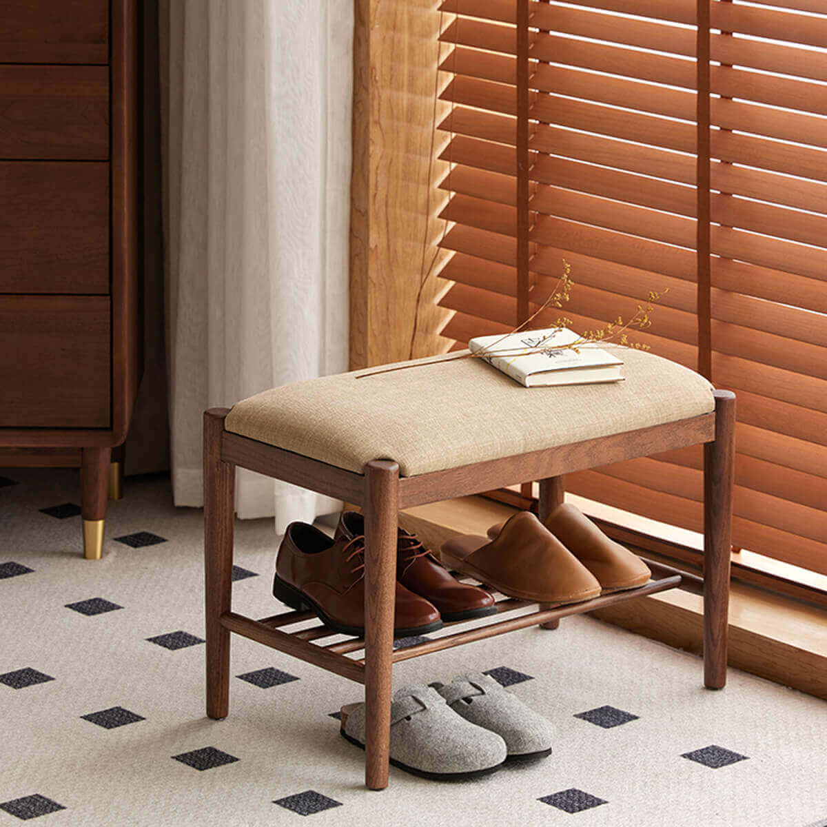 Fuji Solid Oak Hallway Bench with lower shelf for shoes and everyday storage