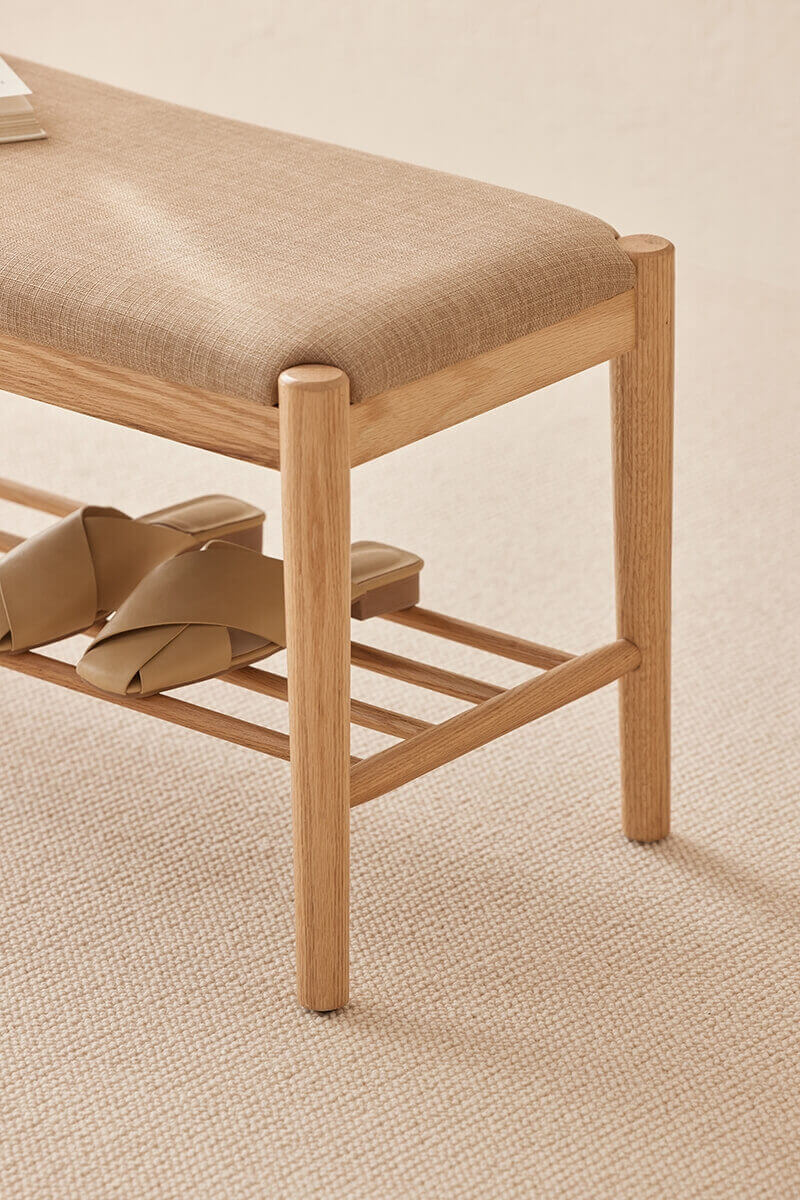 Close-up showing the solid oak frame and craftsmanship of the Fuji Solid Oak Hallway Bench