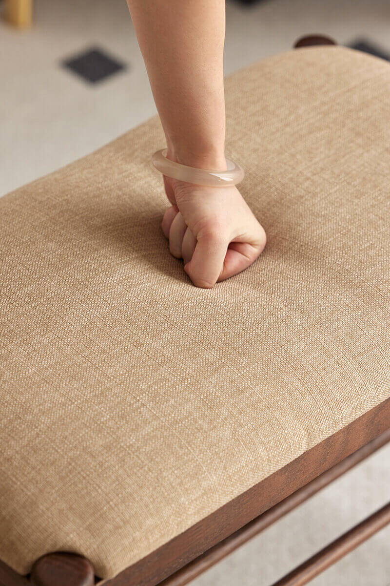 Close-up of the upholstered seat on the Fuji Solid Oak Hallway Bench