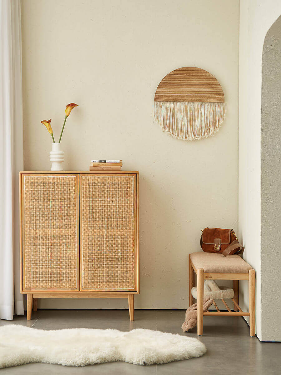 Walnut Fuji Solid Oak Hallway Bench in a modern entryway with matching shoe cabinet