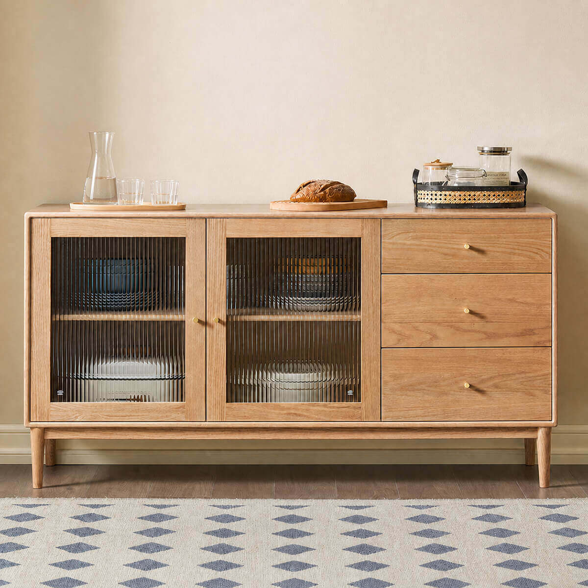 Fuji Solid Oak Sideboard in Natural Oak with Reeded Glass Doors and Drawer Storage