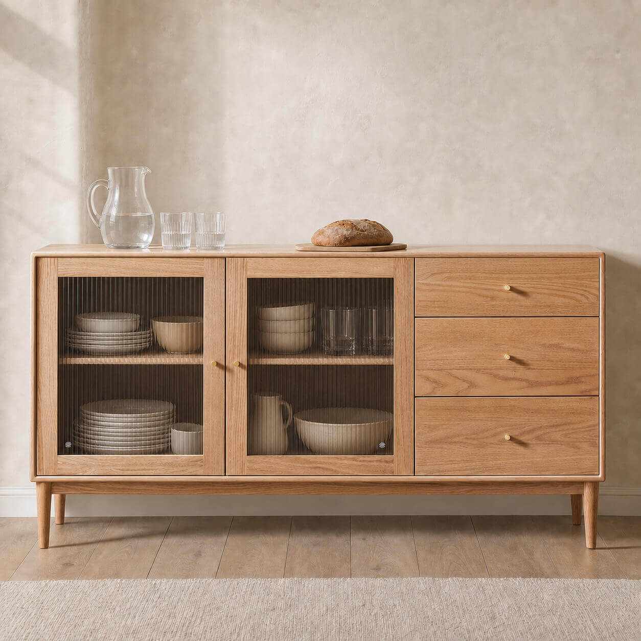 Fuji Solid Oak Sideboard in Natural Oak with Reeded Glass Doors and Drawer Storage