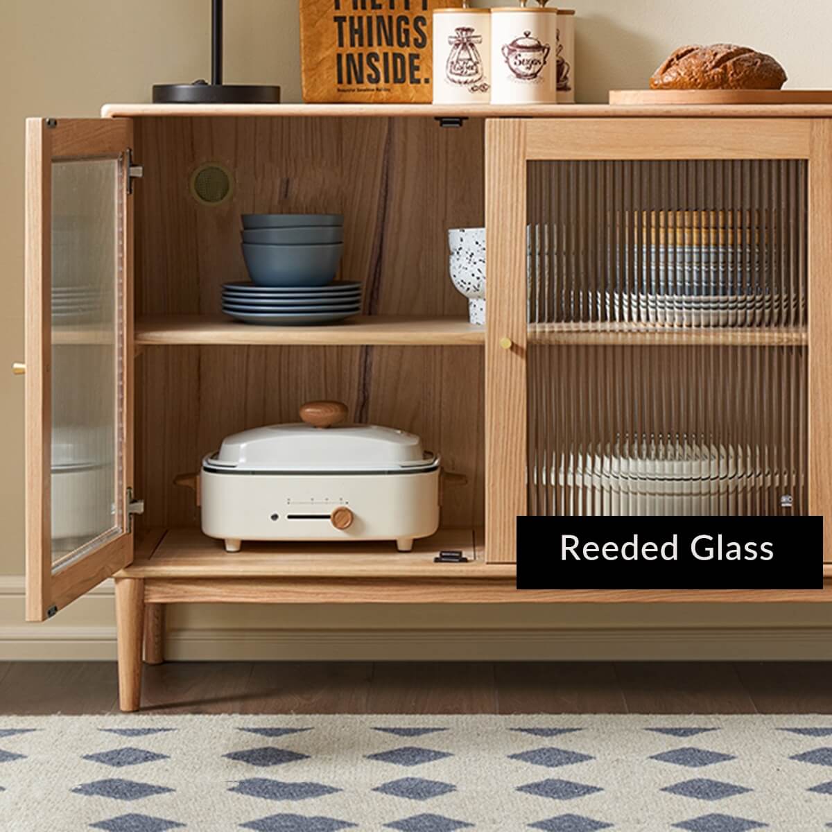 Fuji Solid Oak Sideboard Showing Reeded Glass Cabinet Storage