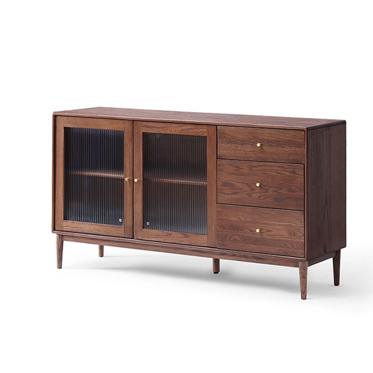 Fuji Solid Oak Sideboard Walnut Finish with Reeded Glass Doors
