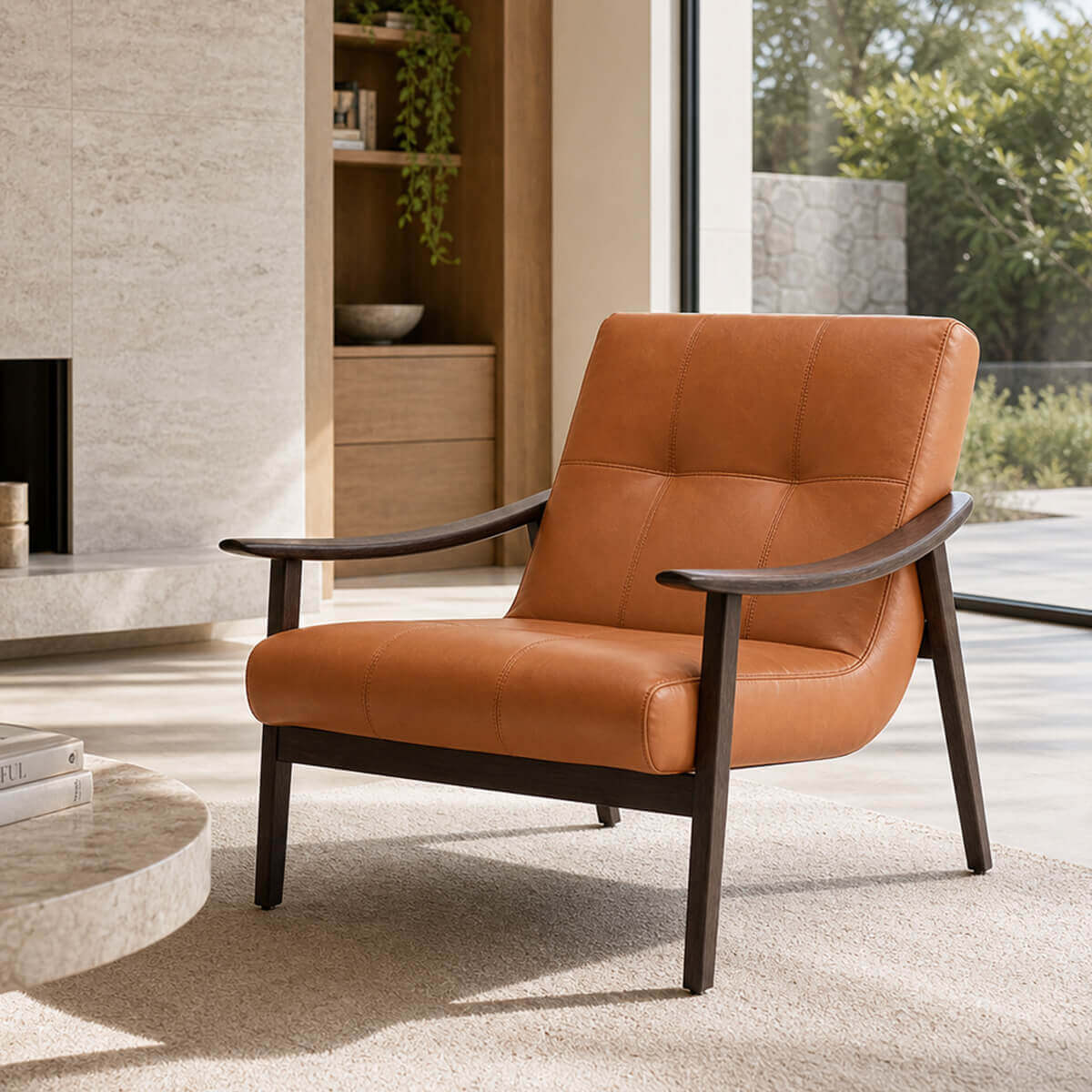 Fynn full grain leather armchair with solid timber frame in contemporary living room
