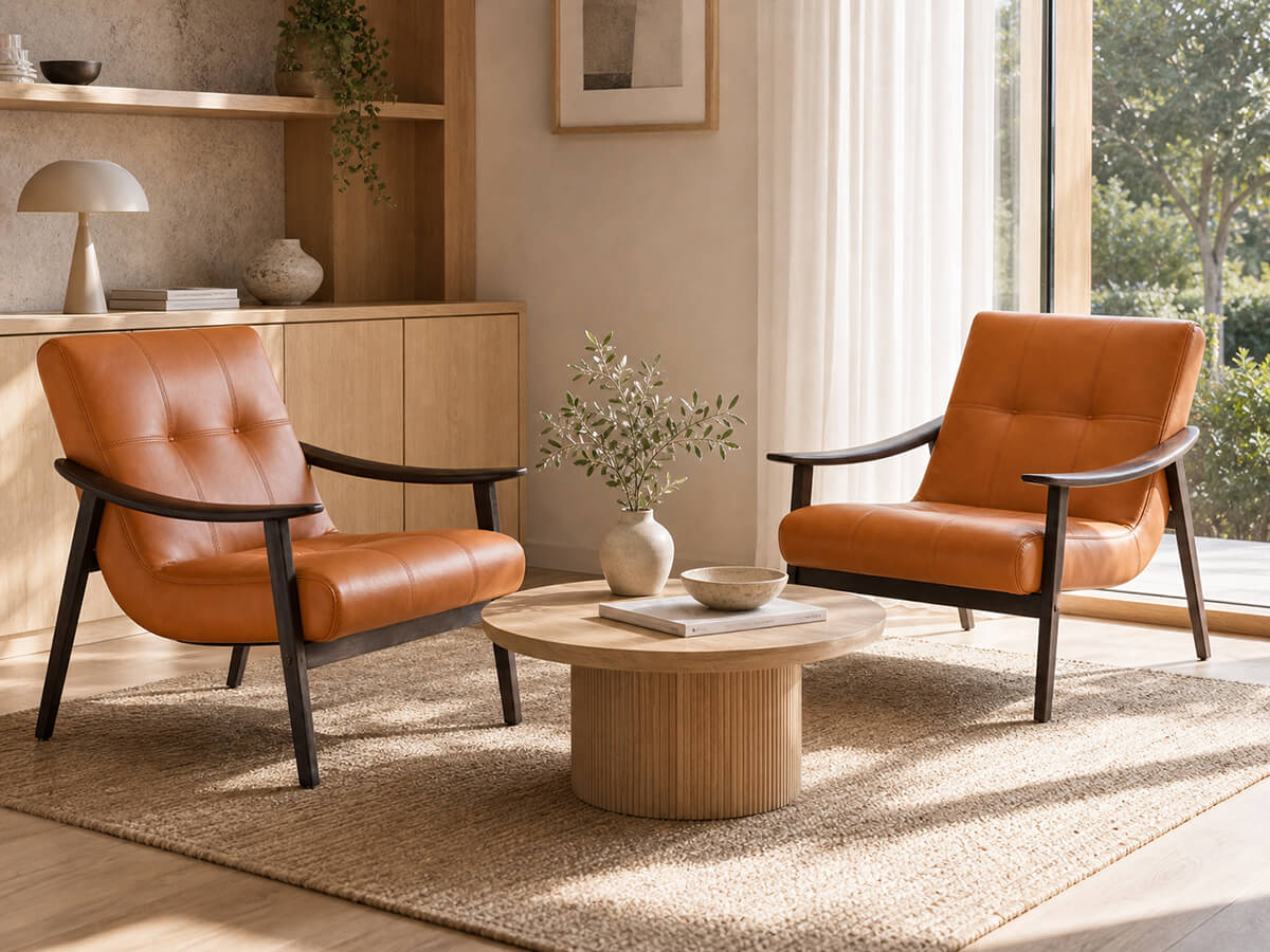 Pair of Fynn full grain leather armchairs in contemporary living space