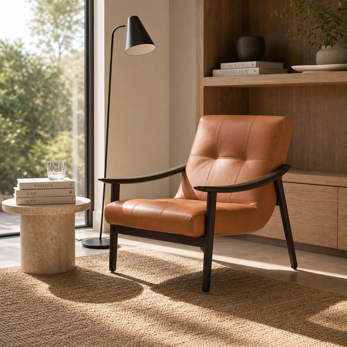 Fynn full grain leather armchair in reading corner setting