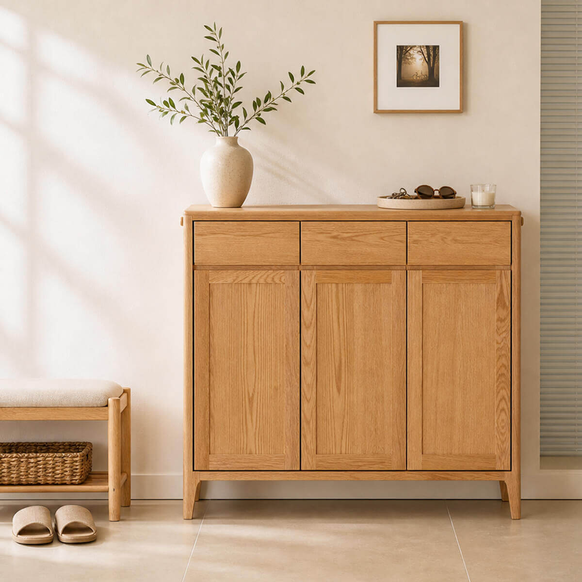 gamo 3 door solid oak shoe cabinet with a hallway bench