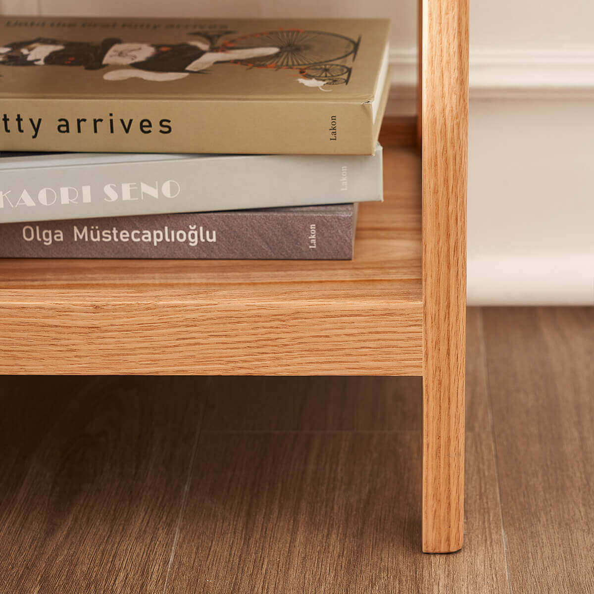 Open shelf detail of Gamo solid oak bedside table
