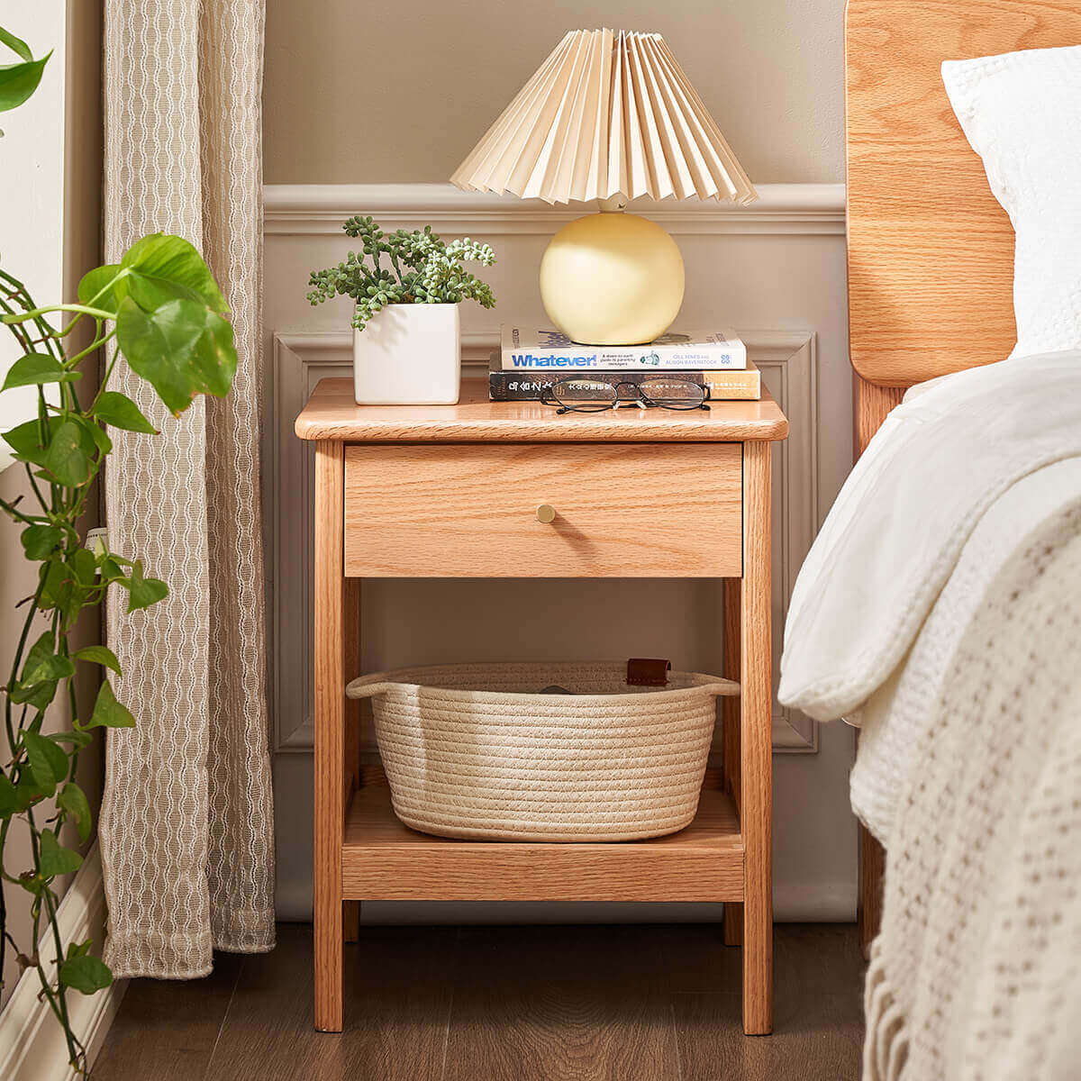 Gamo solid oak bedside table in a Scandinavian bedroom