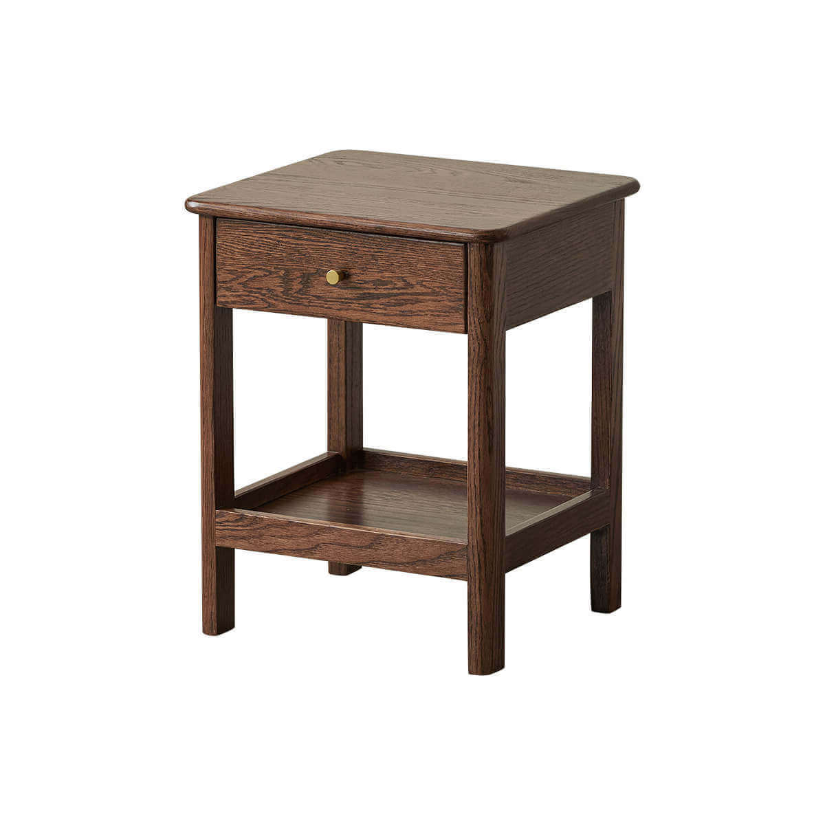 Gamo solid oak bedside table in walnut stained finish with drawer and open shelf